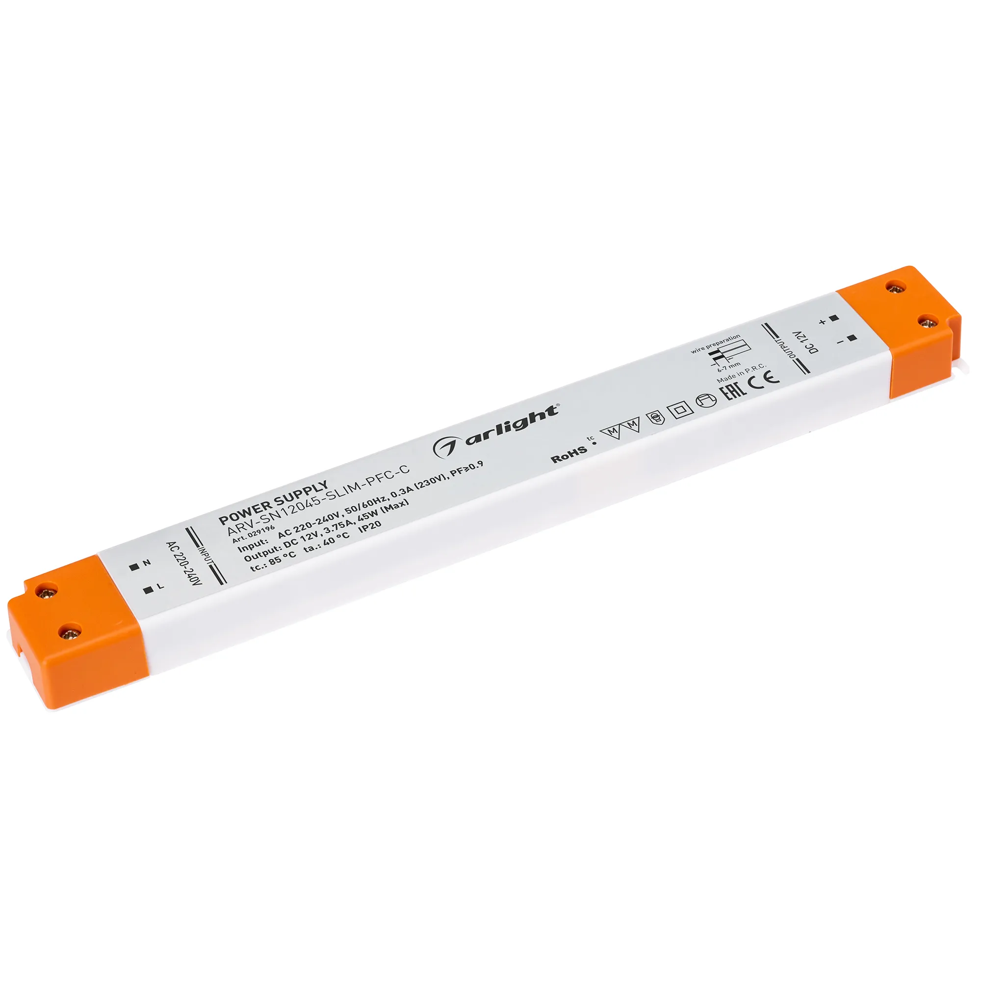 Блок питания ARV-SN12045-SLIM-PFC-C (12V, 3.75A, 45W) (Arlight, IP20 Пластик, 3 года) - изображение товара